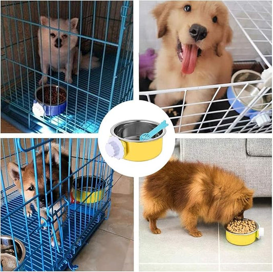 Hamiledyi 2-Pack Hanging Dog Bowls with Removable Stainless Steel Feeder - Spill-Proof Crate Bowls for Kennel/Cage, Puppy to Medium Dogs, Cats, Rabbits & Guinea Pigs (Durable Pet Food & Water Dishes)