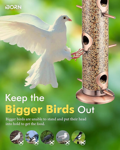 iBorn Metal Bird Feeders Brushed Copper Wild Bird Feeder for Outdoors Hanging All Metal Brushed Copper Finishing 14 Inch 6 Port,Pack of 2