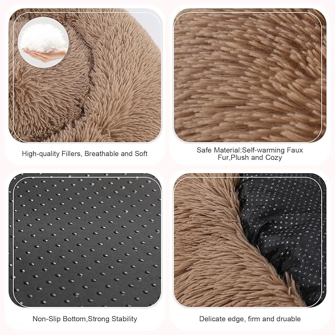 Dog Bed, Cat Calming Bed, Faux Fur Pillow Pet Donut Cuddler Round Plush Bed for Large Medium Small Dogs and Cats, Pet Bed(44"x44"(Pack of 1), Camel)