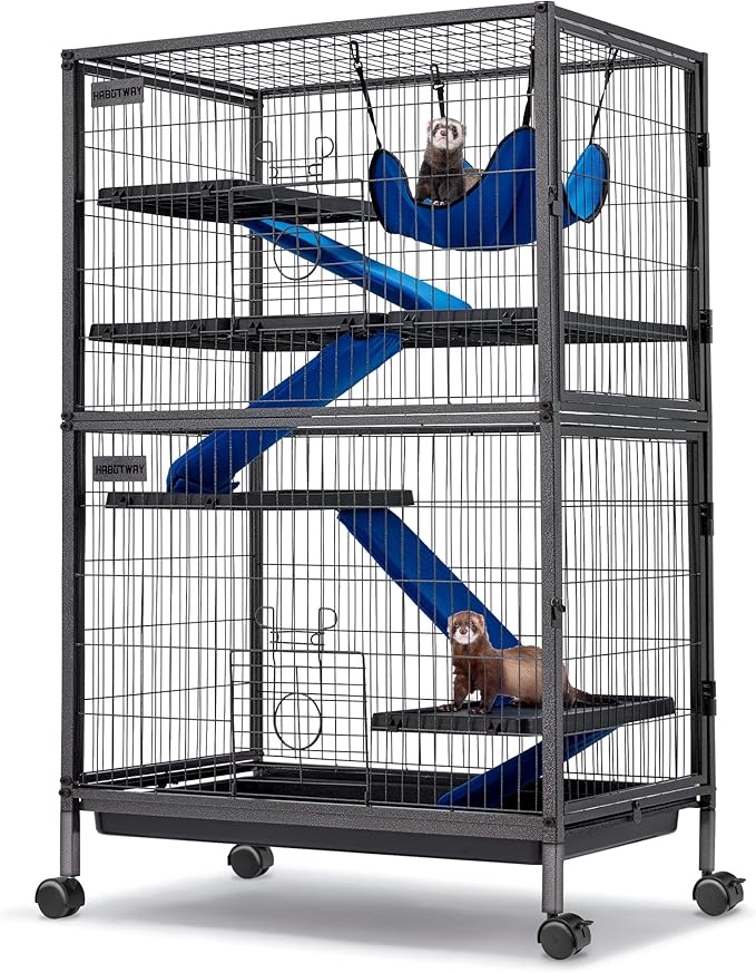HABUTWAY 50''H Metal Small Animal Cages, Rolling Chinchilla Cage with Removable Ramps, Lagre Critter Nation Cage for Chinchillas/Guinea Pigs/Rabbit, Ferret Cages with Hammock & 5 Tiers, Black
