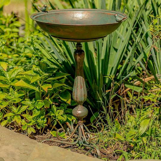 Zaer Ltd. Ornate Pedestal Style Birdbath with Cast Iron Birds on Rim (Bronze)