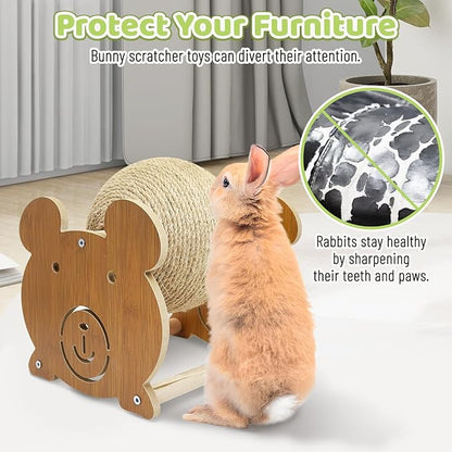 Fhiny Rabbit Scratch Toy, Natural Sisal Bunny Toy Scratching Ball Cute Sisal Bunny Claw Scratcher Ball Rabbit Enrichment Interactive Scratching Post for Kittens Ferrets Bear Shape