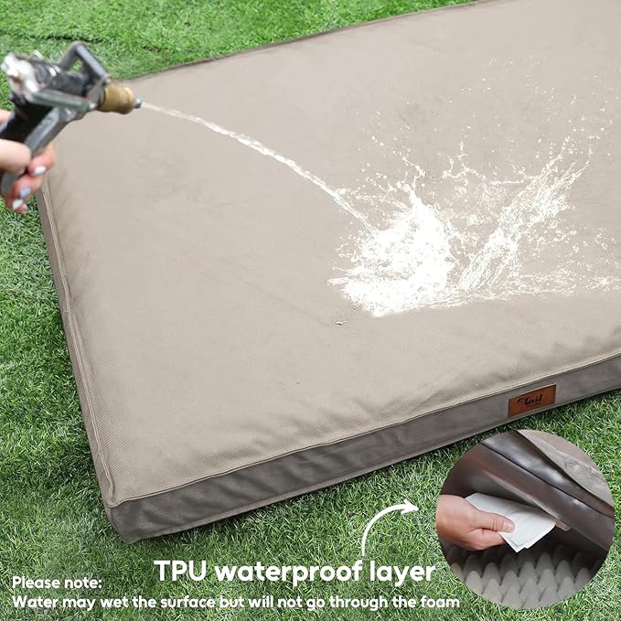 Orthopedic Dog Bed for Large Dogs, Waterproof Dog Bed Washable Pet Bed for Large Sized Dogs with Egg Crate Foam Pet Mat, Removable Oxford Cover, Khaki