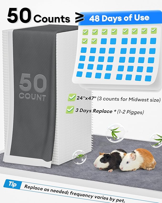 BUCATSTATE 50 Count Disposable Guinea Pig Cage Liners, Super Absorbent Guinea Pig Bedding, Bamboo Charcoal Odor Control Pee Pads for Rabbits, Ferrets and Small Animals (18''x24'')