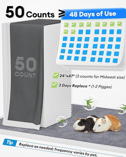 BUCATSTATE 50 Count Disposable Guinea Pig Cage Liners, Super Absorbent Guinea Pig Bedding, Bamboo Charcoal Odor Control Pee Pads for Rabbits, Ferrets and Small Animals (18''x24'')