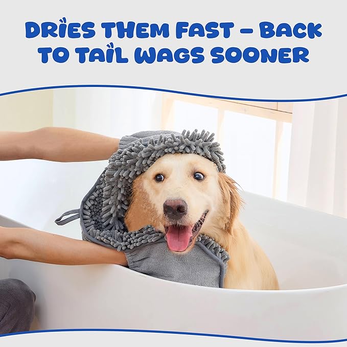Quick Dry Towel for Dogs – Ultra Absorbent Microfiber Dog Bath Towel, Extra Large 30x15 Size | Soft Pet Drying Towel with Hand Pockets | Durable & Machine Washable-Grey