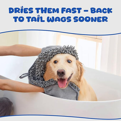 Quick Dry Towel for Dogs – Ultra Absorbent Microfiber Dog Bath Towel, Extra Large 30x15 Size | Soft Pet Drying Towel with Hand Pockets | Durable & Machine Washable-Grey