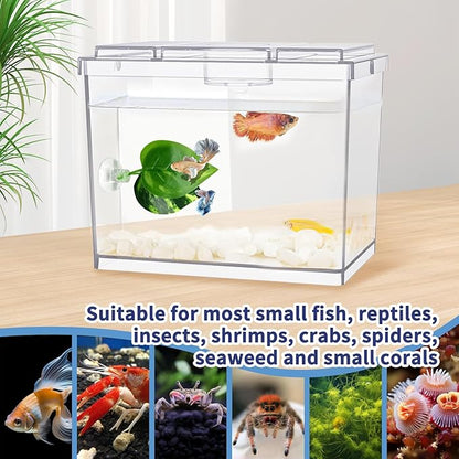 Mini Betta Fish Tank, Small Fish Bowl for Temporary Space, 0.2 Gallon Stackable Cube Tank with Betta Leaf and Gravels for Small Fish, Insect, Shrimp, Crab, Spider.(Pack-1)
