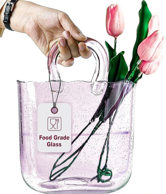 OLEEK Handmade Glass Purse Vase for Flowers and Drinks - 10 in - Cute Pink Centerpiece & Fish Bowl - Unique Handbag Flower Vase - Wide Mouth Decorative