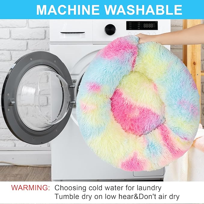Dog Calming Beds for Small Medium Large Dogs - Round Donut Washable Puppy Dog Bed, Anti-Slip Faux Fur Fluffy Donut Cuddle Anxiety Cat Pet Bed(28'' Color)