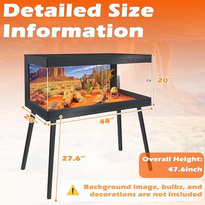 Royxen Bearded Dragon Tank with Metal Mesh Top and Leg Stand,Tempered Glass Reptile Tank,Reptile Enclosure,Lizard Tank for Chameleon,Snake,Lizard Habitat(48inch,Black)
