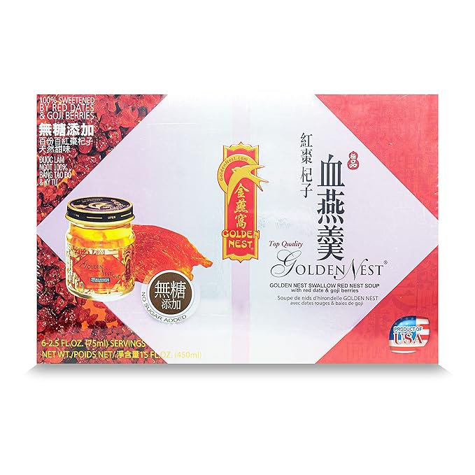 Golden Nest Premium Bird Nest Soup, Swallow Bird Nest 100% Natural - Made in USA, (燕窩) 6 bottles x 75ml (2.5 oz.) (1 box = 6 bottles x 75ml, Red Dates & Goji Berries)