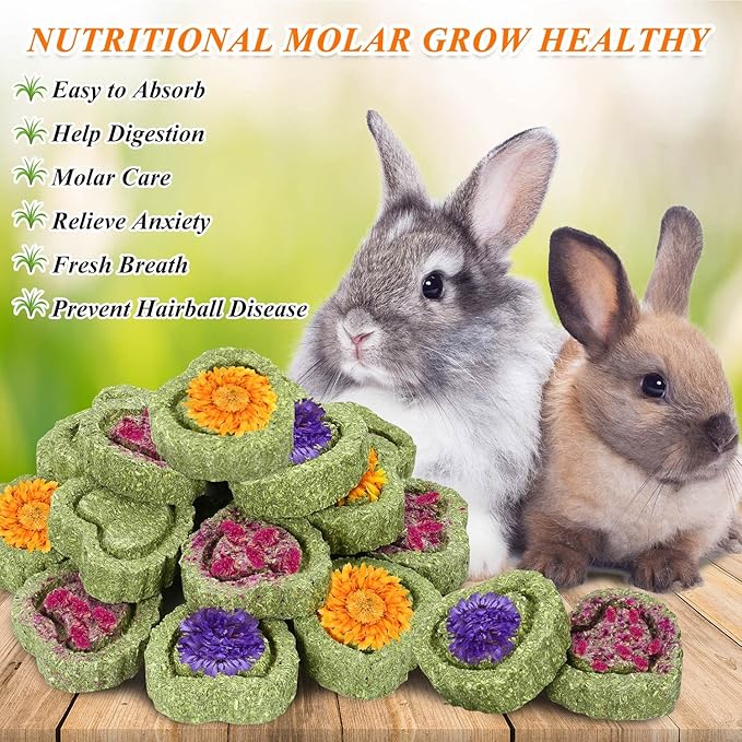 20PCS Bunny Chew Toys, Rabbit Toys for Bunny's Teeth, Chinchilla, Hamster, Guinea Pig & Pig, Organic Timothy Hay Cakes for Teeth Grinding & Dental Health