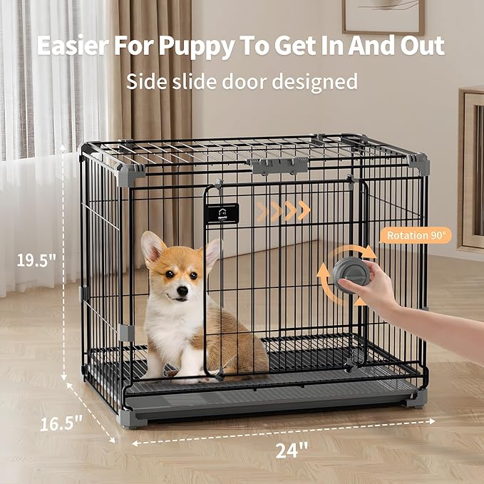 Dog Crate for Small Dogs Under 25lbs,24 inch Black Thick Metal Dog Kennel Indoor Wire Cage with Double Door and Removable Tray for Pets,Puppy