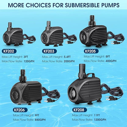 NFESOLAR 880GPH Submersible Pump, 60W Ultra Quiet Submersible Water Pump with Dry Burning Protection 9ft High Lift for Fish Pond, Fountains, Waterfall, Hydroponics, Aquariums KF206