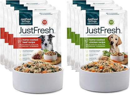 JustFoodForDogs JustFresh Home-Cooked Chicken and Beef Dog Food Variety Pack with No Preservatives, Resealable Packaging, Human Grade Wet Dog Food, 12 oz - 8 Pack