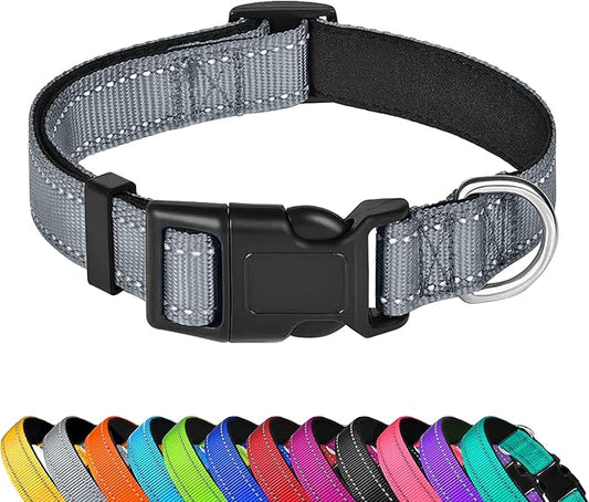 Reflective Dog Collar, Adjustable Soft Neoprene Padded Nylon Pet Collars with Buckle for Extra Large Dogs, Gray,XL