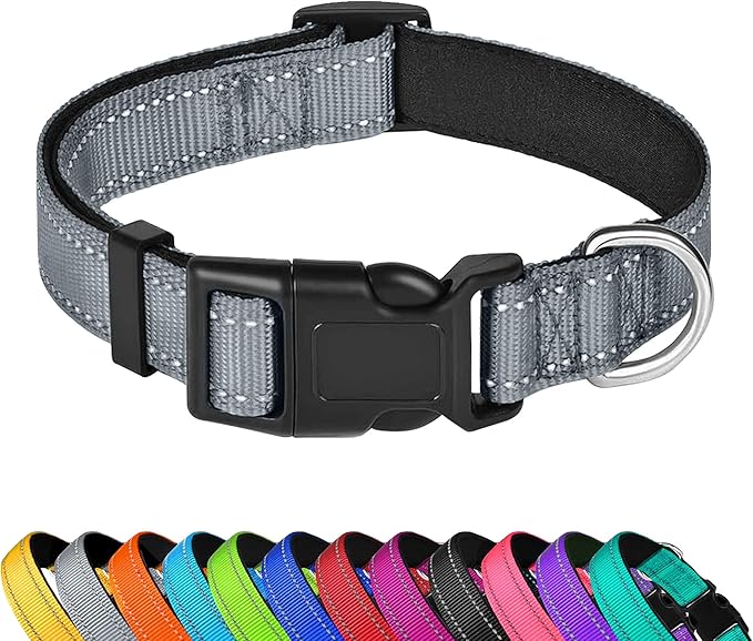 Reflective Dog Collar, Adjustable Soft Neoprene Padded Nylon Pet Collars with Buckle for Medium Dogs, Gray,M