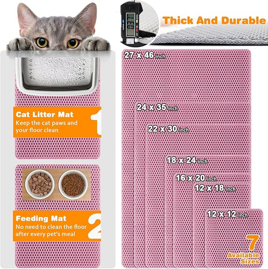 Waterproof Cat Litter Mat, Double Layer EVA, Odor-Free Large Grid, Urine Proof, Easy Cleanup (Pink, 12 x 12)