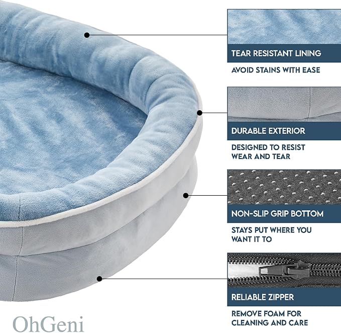 OhGeni Orthopedic Dog Couch Pet Sofa Large Sized Cat Beds with Comfort Foam Support, Soft Comfortable Fabric, Machine Washable Waterproof Removable Cover, 35-Inch (Washed Blue)