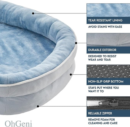 OhGeni Orthopedic Dog Couch Pet Sofa Large Sized Cat Beds with Comfort Foam Support, Soft Comfortable Fabric, Machine Washable Waterproof Removable Cover, 35-Inch (Washed Blue)