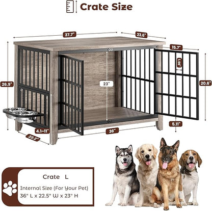 Lulive 37.8" Dog Crate Furniture, Large Wooden Dog Kennel Indoor with 360°& Adjustable Raised Dog Bowls, Double Doors Furniture Decorative Side End Table Dog Cage for Medium Dogs, Grey