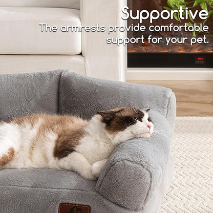 Hollypet Fluffy Plush Pet Cat Couch Soft Calming Pet Sofa Bed for Medium Small Cats and Dogs, Silver Gray