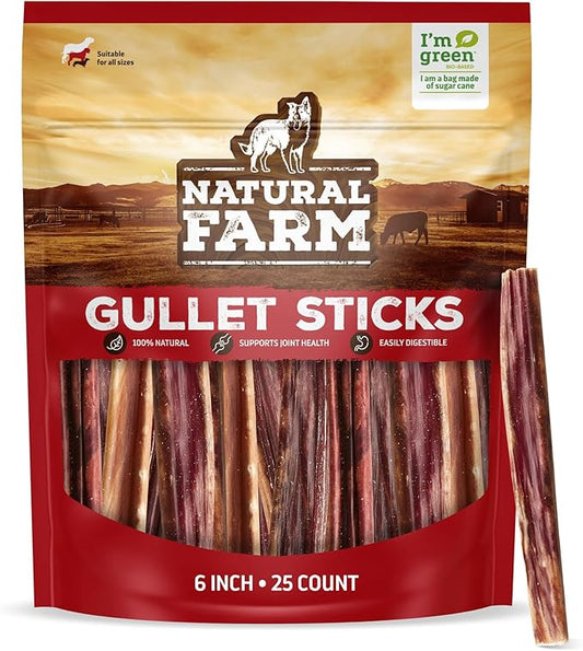 Natural Farm Gullet Sticks (6 Inch, 25 Pack), Grain-Free, Preservative-Free & Fully Digestible Beef Esophagus – Gentle Yet Effective Fun - Best for Light, Pups & Senior Chewers