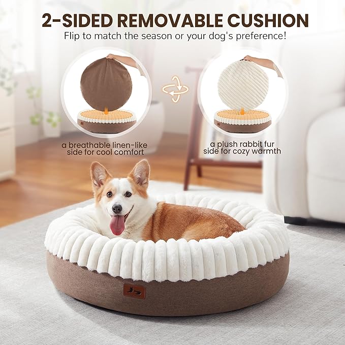 Calming Donut Dog Bed - 30" Round Washable Corduroy Fleece Pet Bed with Anti-Slip Bottom, Anti-Anxiety Cushion Bed for Small Medium Dogs and Cats