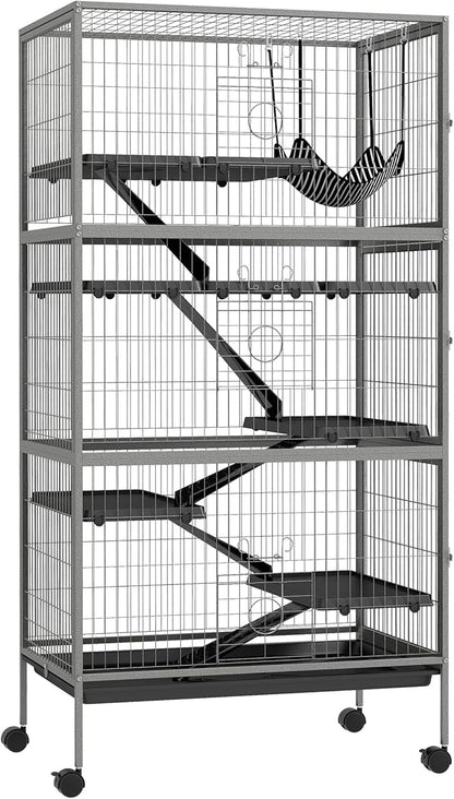 PawHut 63" 6-Tier Small Animal Cage, Ferret Cage, Large Chinchilla Cage with Hammock Accessory & Heavy-Duty Steel Wire, Small Animal Habitat with 6 Doors, Removable Tray, Gray
