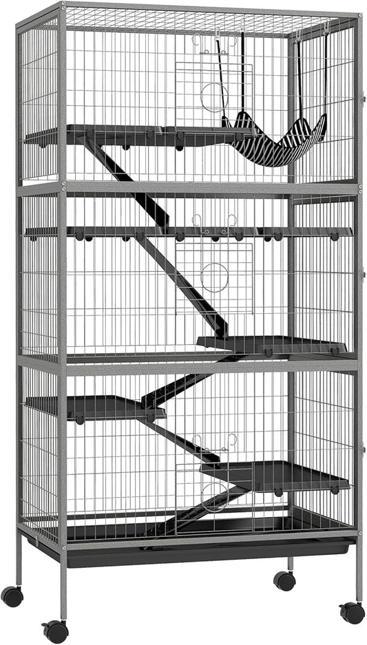 PawHut 63" 6-Tier Small Animal Cage, Ferret Cage, Large Chinchilla Cage with Hammock Accessory & Heavy-Duty Steel Wire, Small Animal Habitat with 6 Doors, Removable Tray, Gray
