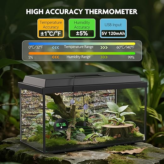 PAIZOO Reptile Thermometer Hygrometer, LED Reptile Tank Thermometer and Humidity Gauge, Rechargeable Digital Hygrometer for Reptile Tank Accessories, Switch Between ℉/℃, Always-on Display Mode