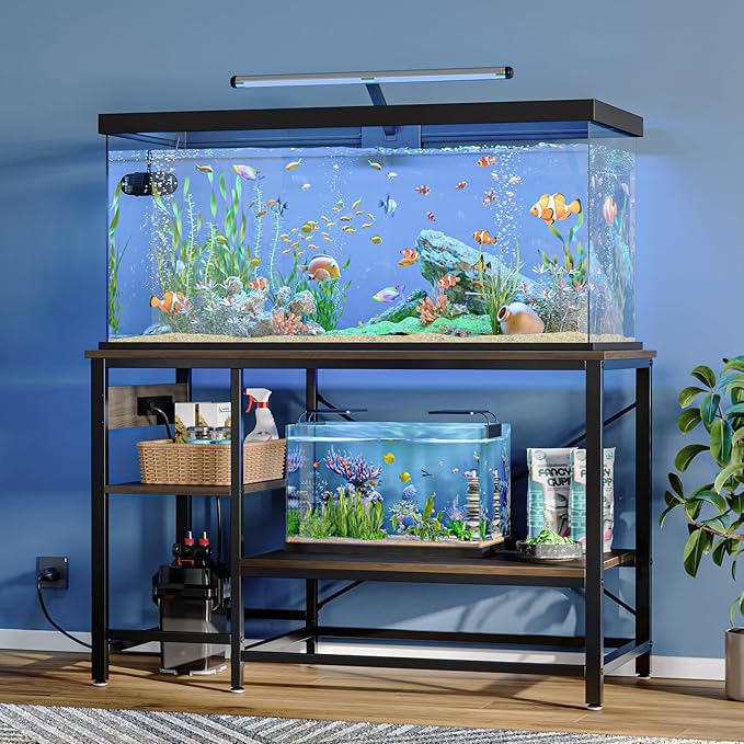 55 Gallon Fish Tank Stand with Charging Station, 49.2x13.8 Metal Aquarium Stand with 3-Tiers Adjustable Storage Shelves, 6-Legs Reptile Terrarium Stand, 700 LBs