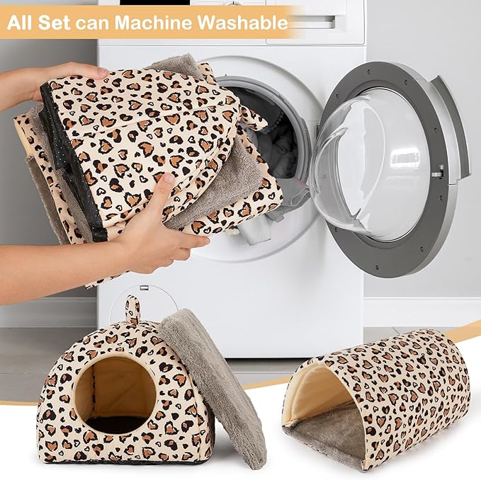 Bienbee Guinea Pig Hideout, Washable Rabbit Bed with Guinea Pig Tunnel, 2 Pack Guinea Pigs Toys Set Bunny Hideout Cage Accessories for Hamster Ferret Rabbits Bunny, Light Khaki Leopard