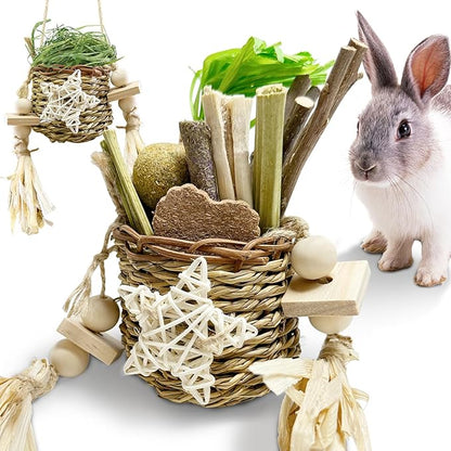 26Pcs Rabbit Toys for Bunny Boredom Basket for Small Pets, with 14Pcs Replacement Set Hanging Rodent Dental Toy with Papaya Stems Sweet Bamboo Hamsters, Chinchillas, Guinea Pigs