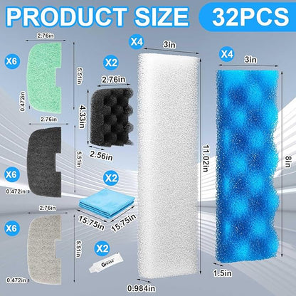 32 Pcs Aquarium Replacement Maintenance Kit Compatible with Fluval 206/207 Filter Media Including Biological Sponge, Ammonia/Phosphate/Nitrite Remover Pad, Aquarium Towel, Grease