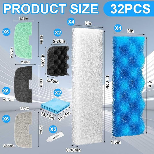 32 Pcs Aquarium Replacement Maintenance Kit Compatible with Fluval 206/207 Filter Media Including Biological Sponge, Ammonia/Phosphate/Nitrite Remover Pad, Aquarium Towel, Grease