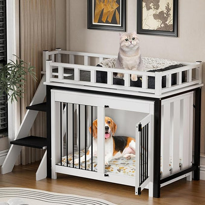 PAKASEPT Dog Crate Furniture, Pet Bunk Bed with Stairs and Storage, Dogs/Cats Window Perch, with Multi-Purpose Blanket and Fluffy Dog Bed for Small Medium Size