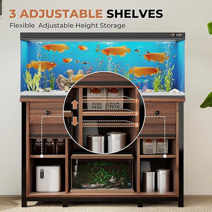 Miereirl 55-75 Gallon Fish Tank Stand with Power Outlet – Heavy Duty Aquarium Stand, 800 lb Capacity, Farmhouse Style, Adjustable Storage & Sliding Barn Doors, Light Brown