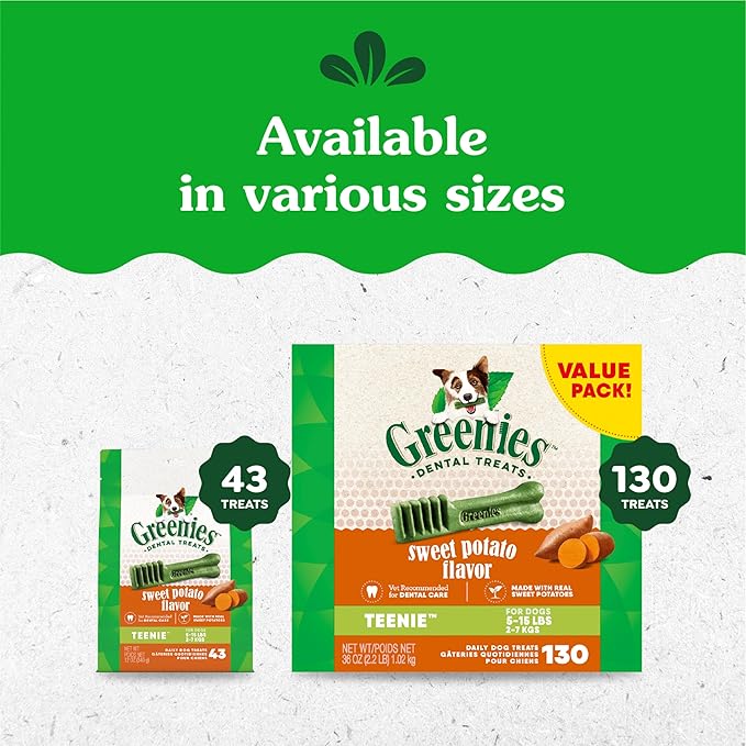 Greenies Teenie Natural Dog Dental Treats, Sweet Potato Flavor, 12 oz. Pouch (43 Treats)