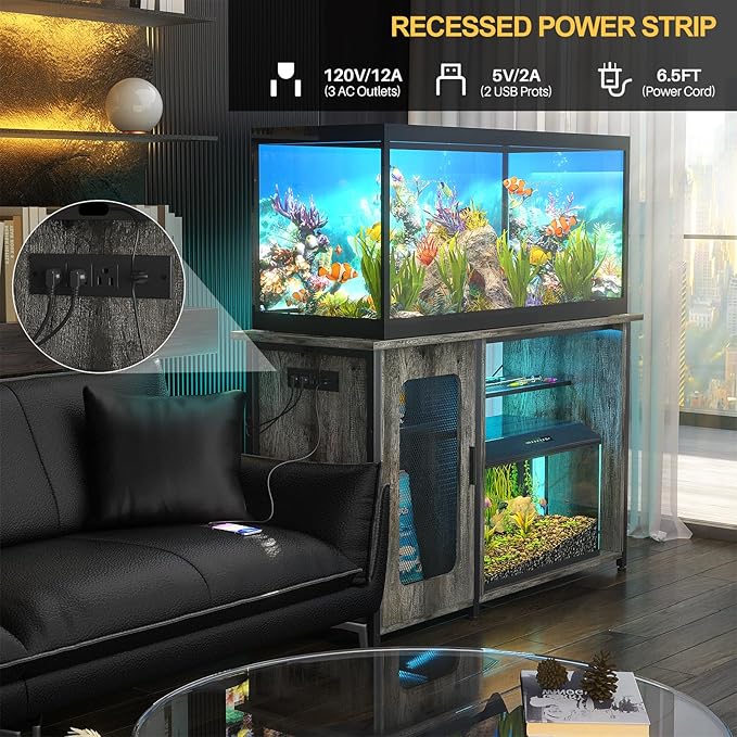 55-75 Gallon Fish Tank Stand, Reversible Heavy Duty Metal Aquarium Stand with Cabinet for Fish Tank Accessories Storage, Turtle/Reptile Terrariums, Black Oak