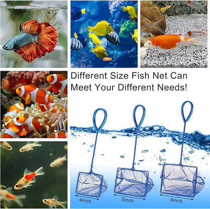 3 Pack Aquarium Net, Multi-Size Fine Quick Fish Catch Nets Extra Soft Nylon Fishing Nets with Plastic Handle for Aquarium Fish Tank Supplies- Blue (4in,5in, 6in)