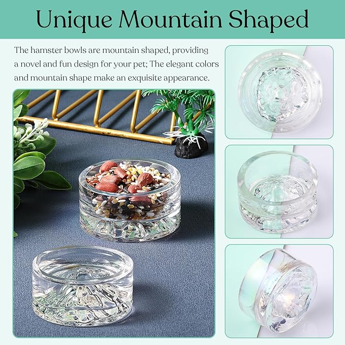 Baderke 2 Pcs Hamster Water Bowls Glass Hamster Food Bowls 35ml Mountain Style Drinking Container Anti Turning for Guinea Pig Gerbils Mice Rats Chinchilla Small Pets(Clear and Rainbow)