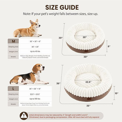 Calming Donut Dog Bed - 30" Round Washable Corduroy Fleece Pet Bed with Anti-Slip Bottom, Anti-Anxiety Cushion Bed for Small Medium Dogs and Cats
