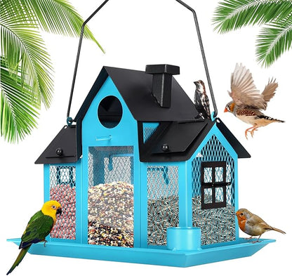 Solar Bird Feeders House for Outside Hanging, Metal Wild Bird Feeder for Outdoors Large Capacity Cardinal Birdfeeder Birdhouses Metal Bird Feeding Station Blue