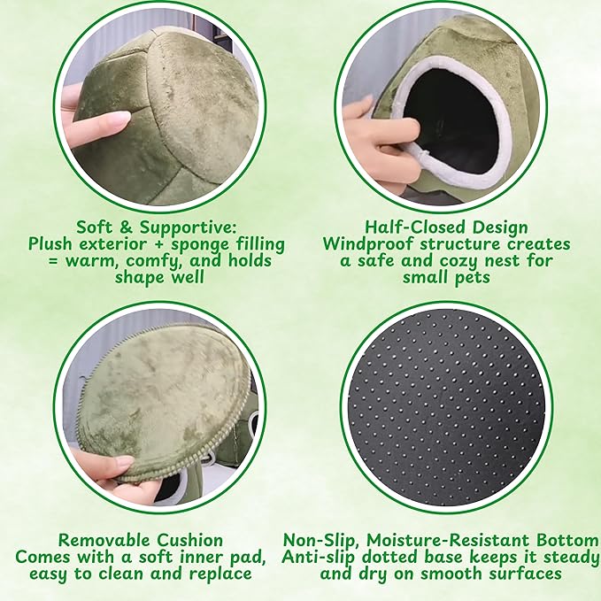 Hedgehog Hideout Nest with Bell Ball Toy, Cave Bed Nest Hedgehog Hideout, Guinea Pig Bed, Small Animals Warm House Cage Supplies, Hedgehogs Accessories, Hamster Cage Accessories (Green Hide)