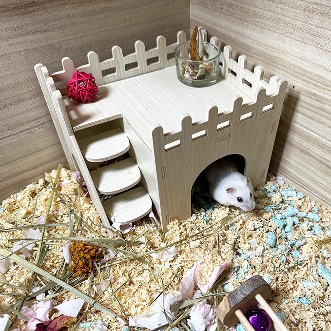 Hamster Wooden House Hamster Hideout Hut Maze Cage Accessories with Ladder and Platform for Syrian Hamsters Dwarf Gerbil Mouse