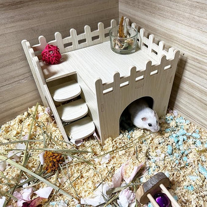 Hamster Wooden House Hamster Hideout Hut Maze Cage Accessories with Ladder and Platform for Syrian Hamsters Dwarf Gerbil Mouse