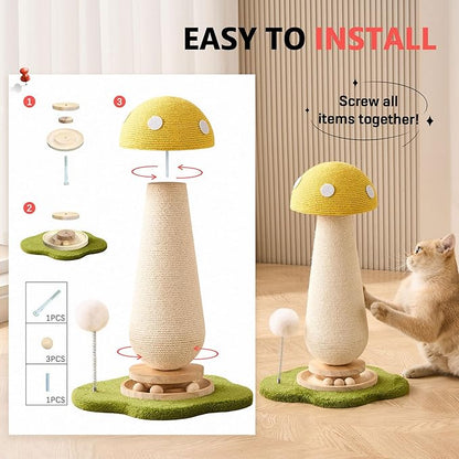 Mushroom Cat Scratching Post Cat Tree, 21.5‘’ H Cute Cat Scratcher Tower with Durable Solid Wood Turntable Toy, Lemon Yellow Mushroom Scratch Post Cat Sisal Scratcher with Catnip for Indoor Cats