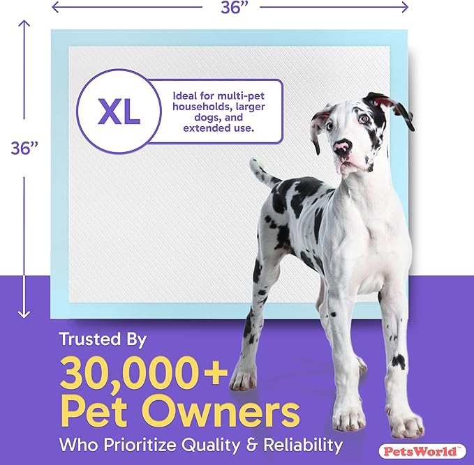 PETSWORLD Giant Dog Potty Pads, Odor-Eliminating, 36" x 36", Ultra Absorbent 5-Layer Leak-Proof Training Pads for Dogs & Cats (36x36, 50 Count)